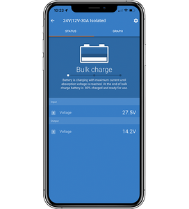 Phone screen displaying battery charging status with blue background. Victronconnect