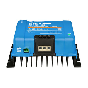 Blue Victron Energy DC/DC charger with brand logo on a white background