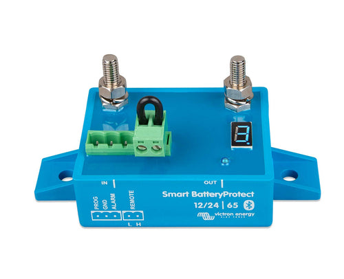 Victron Smart BatteryProtect 12/24V 65A front view – lithium battery low-voltage disconnect for caravans and camping setups