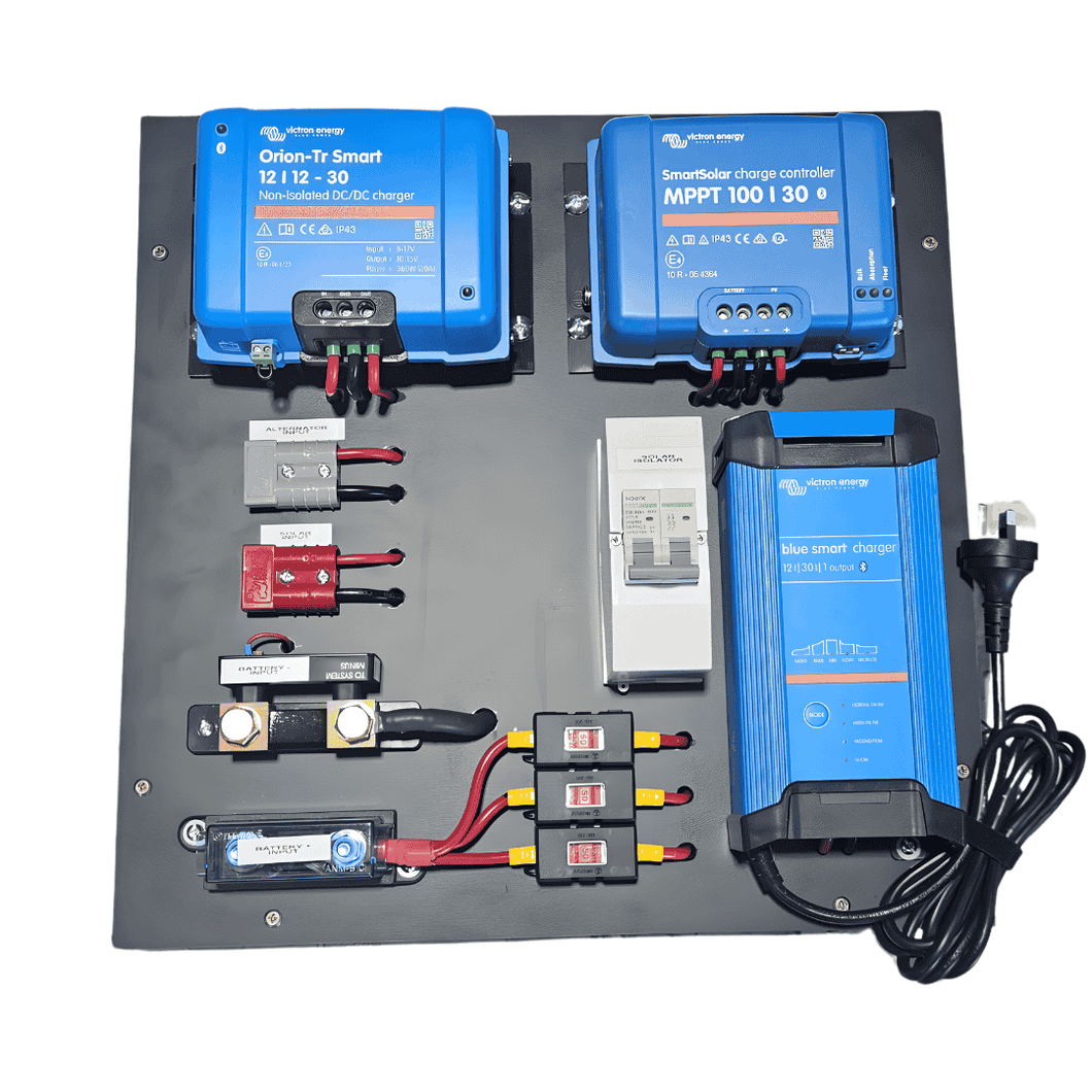 Pre-Wired Victron Energy Off-Grid Charging Board – 12v 30A Triple Charging System (AC, DC-DC, Solar)
