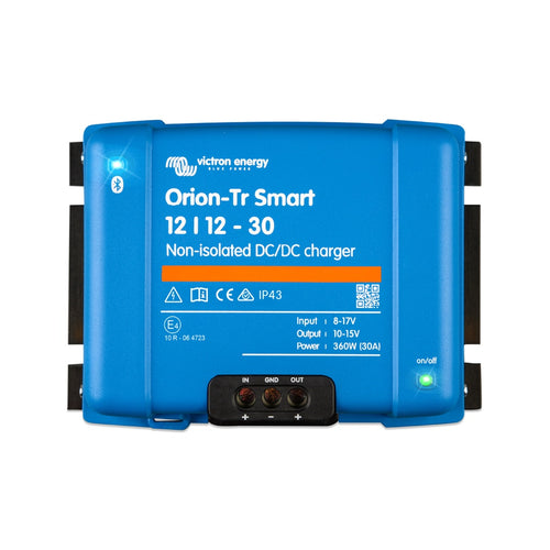 Blue Victron Energy Orion-Tr Smart DC/DC charger on a white background